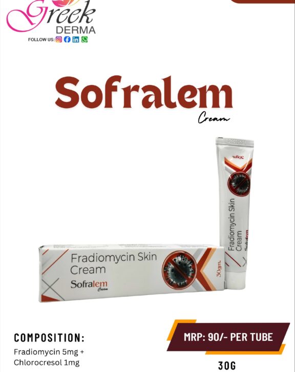 SOFRALEM Cream is a topical antibiotic formulation designed to help manage bacterial skin infections and prevent further contamination. It contains Fradiomycin 5 mg, which works by inhibiting the growth of bacteria, along with Chlorocresol 1 mg that helps maintain product stability. The cream helps reduce symptoms such as redness, irritation, and discomfort while promoting faster healing of affected skin. Its smooth, easy-to-apply texture ensures proper coverage and absorption. With regular use as directed, SOFRALEM Cream helps control infection, protect the skin, and support recovery, making it suitable for minor skin infections and wounds. &nbsp;