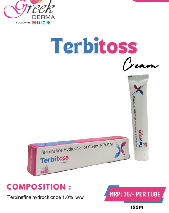 TERBITOSS Cream is a topical antifungal formulation designed to effectively manage a wide range of fungal skin infections. It contains Terbinafine HCl 1% w/w, which works by inhibiting fungal growth and eliminating infection-causing organisms. The cream helps relieve symptoms such as itching, redness, and irritation while supporting faster skin recovery. Its smooth, non-greasy texture ensures easy application and quick absorption into the skin. With regular use as directed, TERBITOSS Cream helps restore healthy skin, prevent the spread of infection, and improve overall skin condition, making it suitable for daily antifungal skin care. &nbsp; &nbsp;