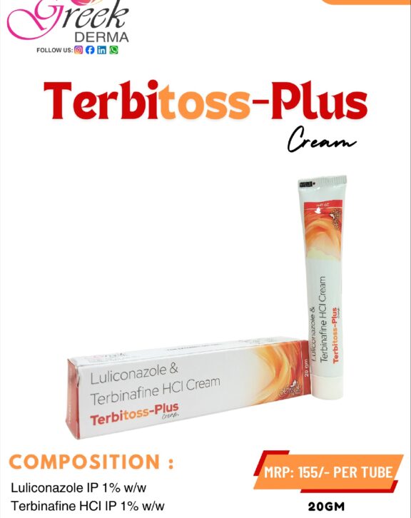 TERBITOSS-PLUS Cream is a combination topical antifungal formulation designed to effectively manage a wide range of fungal skin infections. It contains Luliconazole 1% w/w and Terbinafine 1% w/w, both known for their strong antifungal properties that help eliminate infection-causing fungi and prevent their growth. This dual-action formula works to relieve symptoms such as itching, redness, and irritation while supporting faster skin recovery. The cream spreads easily and absorbs quickly into the skin, ensuring effective coverage. With regular use as directed, TERBITOSS-PLUS Cream helps restore healthy skin and improve overall skin condition. &nbsp;
