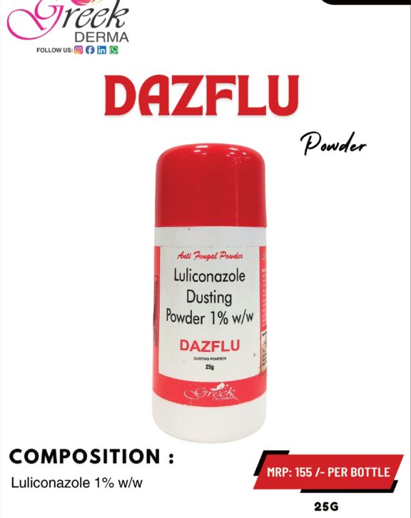 DAZFLU Dusting Powder is a topical antifungal formulation designed to effectively manage fungal skin infections, especially in areas prone to moisture and friction. It contains Luliconazole 1% w/w, which helps eliminate infection-causing fungi and prevents their growth. The powder form helps keep the skin dry, reducing excess moisture that can worsen fungal conditions. It provides relief from itching, irritation, and discomfort while supporting faster skin recovery. With regular use as directed, DAZFLU Dusting Powder helps maintain skin hygiene, prevent recurrence, and promote a healthier, comfortable skin condition. &nbsp; &nbsp;