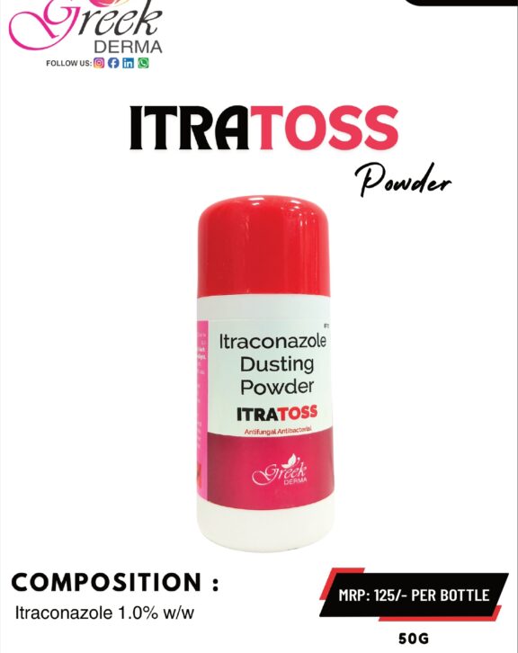 ITRATOSS Dusting Powder is a topical antifungal formulation designed to effectively manage fungal skin infections, particularly in areas prone to moisture and sweating. It contains Itraconazole 1% w/w, which works by inhibiting fungal growth and eliminating infection-causing organisms. The powder form helps absorb excess moisture, keeping the skin dry and reducing conditions that promote fungal growth. It provides relief from itching, redness, and irritation while supporting faster recovery of affected skin. With regular use as directed, ITRATOSS Dusting Powder helps maintain skin hygiene, prevent recurrence, and promote a healthier, more comfortable skin condition. &nbsp; &nbsp;