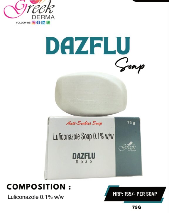 DAZFLU Soap is a medicated antifungal cleansing bar designed to help manage fungal skin infections effectively. It contains Luliconazole 1% w/w, which works by inhibiting fungal growth and eliminating infection-causing organisms. The soap helps cleanse the skin while reducing itching, redness, and irritation associated with fungal infections. Its gentle yet effective formulation maintains skin hygiene without excessive dryness. With regular use as directed, DAZFLU Soap helps prevent recurrence of infection and supports healthier skin, making it suitable for daily antifungal skin care. &nbsp; &nbsp; &nbsp; &nbsp;
