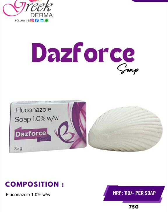 DAZFORCE Soap is a medicated antifungal cleansing bar formulated to help manage fungal skin infections effectively. It contains Fluconazole 1% w/w, which works by inhibiting fungal growth and eliminating infection-causing organisms. The soap helps cleanse the skin while reducing symptoms such as itching, redness, and irritation. Its gentle formulation maintains skin hygiene without causing excessive dryness. With regular use as directed, DAZFORCE Soap helps prevent recurrence of fungal infections and supports healthier, cleaner skin, making it suitable for daily antifungal care. &nbsp; &nbsp; &nbsp; &nbsp; &nbsp;