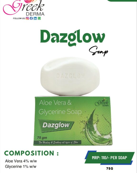 DAZGLOW Soap is a gentle skincare cleansing bar enriched with Aloe Vera and Vitamin E, designed to nourish, hydrate, and protect the skin. Aloe Vera helps soothe and moisturize the skin, while Vitamin E provides antioxidant protection and supports skin repair. This soap effectively cleanses impurities without stripping natural moisture, leaving the skin soft, smooth, and refreshed. Its mild formulation makes it suitable for daily use on all skin types. With regular use, DAZGLOW Soap helps maintain healthy, glowing skin and improves overall skin texture and hydration.
