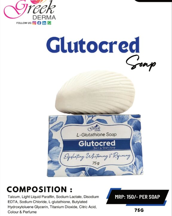 GLUTOCRED Soap is a premium skincare cleansing bar enriched with L-Glutathione 0.5% w/w, known for its antioxidant and skin-brightening properties. It helps cleanse the skin while reducing dullness and promoting a more even skin tone. The soap works to remove impurities and protect the skin from environmental damage, leaving it refreshed and revitalized. Its gentle formulation maintains skin moisture and softness, making it suitable for daily use. With regular use, GLUTOCRED Soap helps enhance skin clarity, improve radiance, and support healthier, glowing skin.