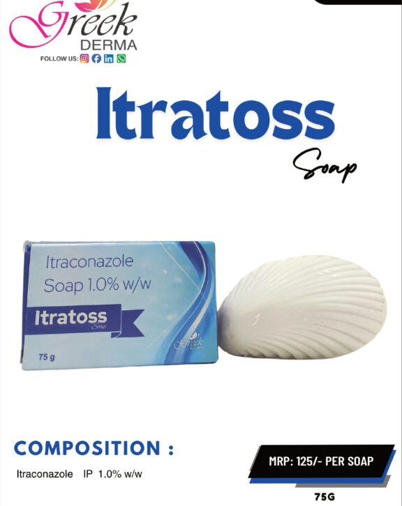 ITRATOSS Soap is a medicated antifungal cleansing bar designed to help manage fungal skin infections effectively. It contains Itraconazole 1% w/w, which works by inhibiting fungal growth and eliminating infection-causing organisms. The soap helps cleanse the skin while reducing symptoms such as itching, redness, and irritation. Its gentle formulation maintains skin hygiene without excessive dryness, making it suitable for regular use. With consistent application as directed, ITRATOSS Soap helps prevent recurrence of fungal infections and supports healthier, cleaner skin, ensuring effective daily antifungal care.