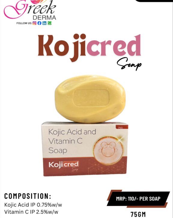 KOJICRED Soap is a skin-brightening cleansing bar formulated with Kojic Acid 0.7% w/w and Vitamin C to help improve skin tone and radiance. Kojic Acid works to reduce pigmentation, dark spots, and uneven skin tone, while Vitamin C provides antioxidant protection and enhances skin glow. The soap gently removes impurities without stripping natural moisture, leaving the skin clean, refreshed, and nourished. Suitable for daily use, KOJICRED Soap helps promote a clearer, brighter, and more even complexion while supporting overall skin health. &nbsp;