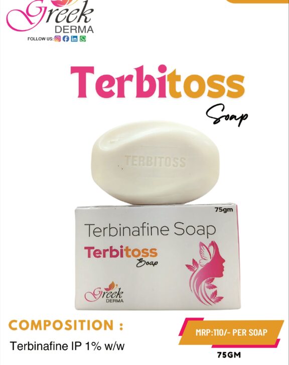 TERBITOSS Soap is a medicated antifungal cleansing bar designed to help manage fungal skin infections effectively. It contains Terbinafine 1% w/w, which works by inhibiting fungal growth and eliminating infection-causing organisms. The soap helps cleanse the skin while reducing symptoms such as itching, redness, and irritation. Its gentle formulation maintains skin hygiene without excessive dryness, making it suitable for regular use. With consistent application as directed, TERBITOSS Soap helps prevent recurrence of fungal infections and supports healthier, cleaner skin, ensuring effective daily antifungal care. &nbsp; &nbsp; &nbsp; &nbsp;