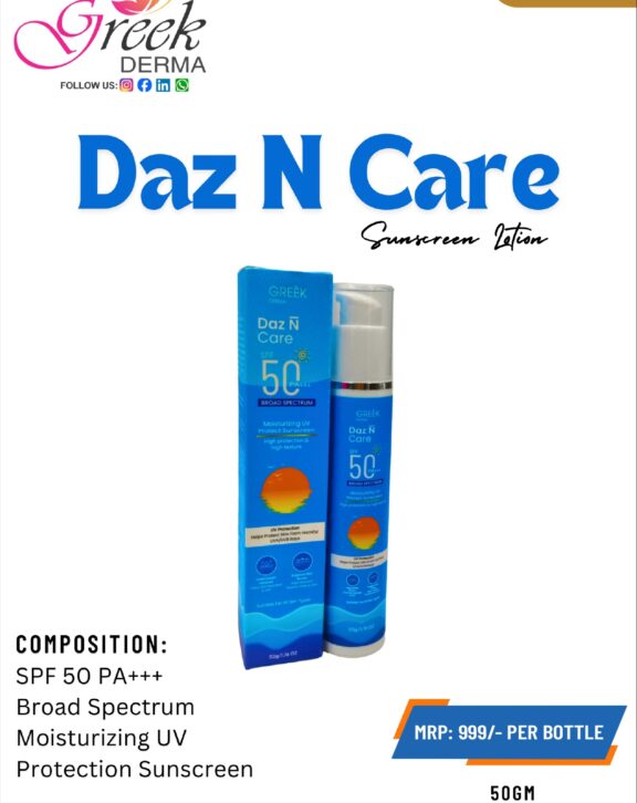 GREEK DAZ N CARE SPF 50 (MAAT) is a premium broad-spectrum sunscreen designed to provide advanced protection against harmful UVA and UVB rays. With SPF 50 PA+++ protection, it helps prevent sunburn, tanning, and premature skin aging. The moisturizing formula keeps the skin hydrated while forming a protective barrier against environmental damage. Its lightweight, non-greasy texture ensures easy application and quick absorption without leaving a white cast. Suitable for daily use, this sunscreen supports healthy, nourished, and protected skin, making it ideal for long-lasting sun defense.