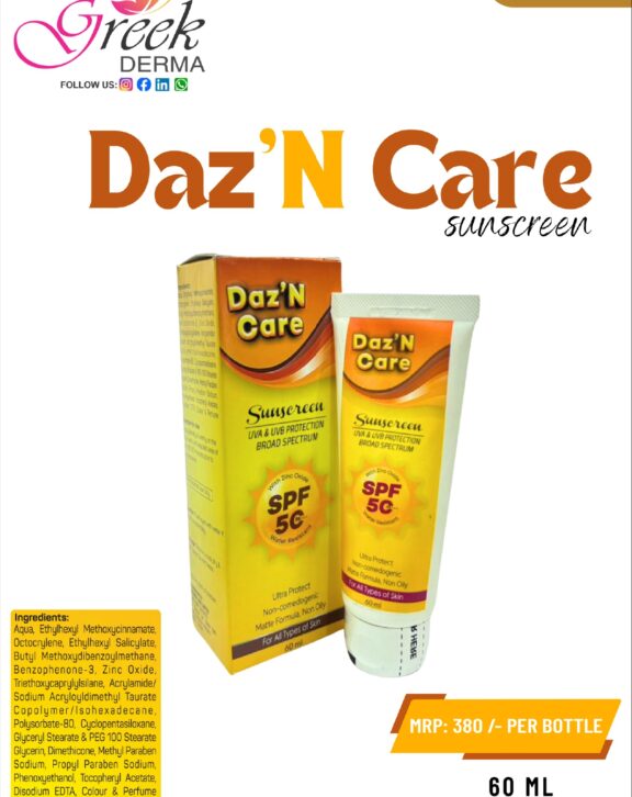 DAZ N GLOW SPF 50 is a high-protection sunscreen lotion designed to provide strong defense against harmful UVA and UVB rays. It helps prevent sunburn, tanning, and premature skin damage caused by prolonged sun exposure. The advanced lightweight, non-greasy formula spreads easily and absorbs quickly without leaving a white cast. Suitable for daily use, it also helps maintain skin hydration and supports an even skin tone. With regular application, DAZ N GLOW SPF 50 ensures long-lasting sun protection while keeping the skin healthy, protected, and refreshed throughout the day.
