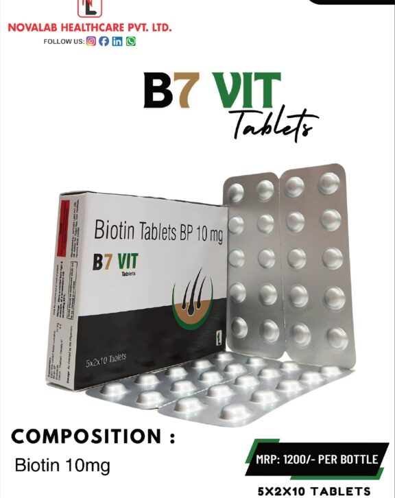 B7 VIT Tablets are formulated with Biotin 10 mg, an essential vitamin that supports healthy hair, skin, and nails. Biotin plays a key role in maintaining keratin structure, helping to improve hair strength, reduce hair fall, and promote healthy growth. It also supports skin health by enhancing hydration and maintaining a smooth texture. Regular intake helps strengthen brittle nails and supports overall metabolic functions. With consistent use, B7 VIT Tablets contribute to improved appearance of hair, skin, and nails while supporting overall wellness and vitality.