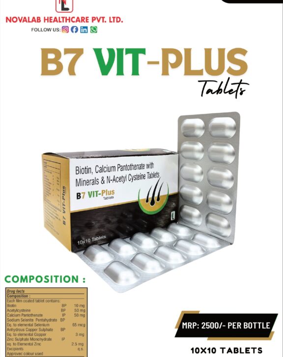 B7 VIT PLUS Tablets are an advanced nutritional formulation designed to support healthy hair, skin, and nails. It combines Biotin with Calcium Pantothenate, Acetylcysteine, and essential minerals to promote hair strength, reduce hair fall, and improve overall hair quality. This combination helps nourish hair follicles, supports keratin production, and enhances scalp health. It also contributes to improved skin texture and stronger nails. With regular use, B7 VIT PLUS Tablets help restore vitality, promote healthy growth, and support overall wellness, making it an ideal supplement for daily nutritional support.