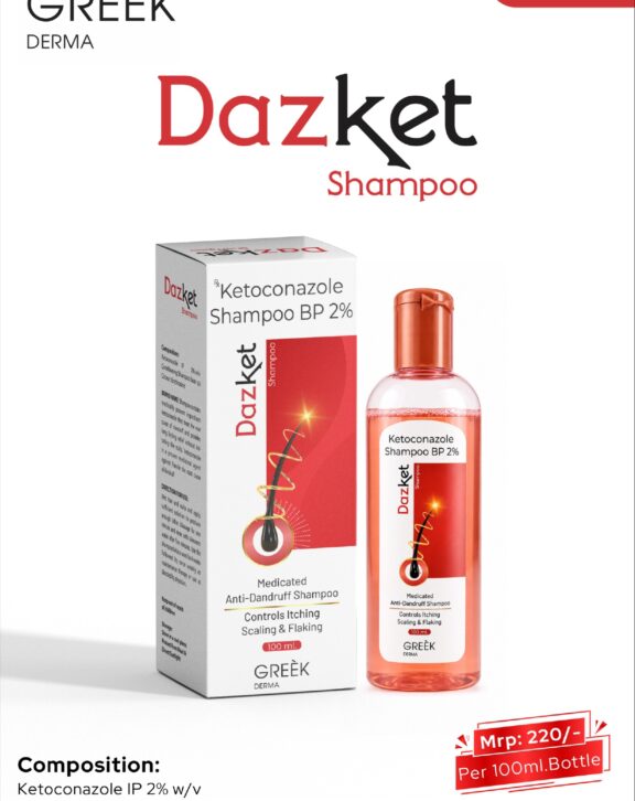 DAZKET Shampoo is a medicated formulation designed to help manage dandruff and fungal scalp conditions effectively. It contains Ketoconazole, which helps eliminate fungus responsible for dandruff, along with Zinc Pyrithione that controls scalp flaking and reduces irritation. This dual-action shampoo works to relieve itching, dryness, and scaling while promoting a healthy scalp environment. Its gentle cleansing base removes excess oil and impurities without causing dryness. With regular use as directed, DAZKET Shampoo helps maintain a clean, flake-free scalp and supports overall hair and scalp health.