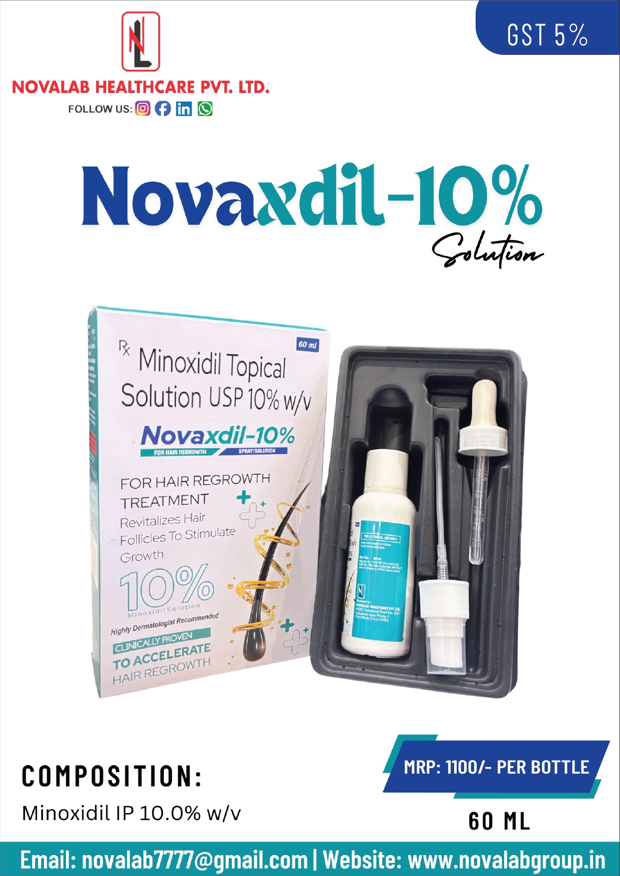 NOVAXDIL Solution 10% (Minoxidil 10% w/v & Finasteride 0.1% w/v Topical Solution)