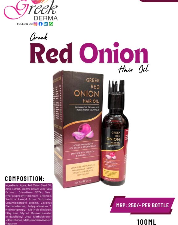 Greek Derma Red Onion Hair Oil is an advanced hair care formulation designed to promote healthy, strong, and nourished hair. Enriched with the goodness of red onion extract, it helps improve scalp circulation, strengthen hair roots, and reduce hair fall. The nourishing blend supports hair growth while adding shine and improving overall hair texture. It helps repair damaged hair and maintain scalp health. With regular use, Greek Derma Red Onion Hair Oil helps achieve thicker, smoother, and healthier-looking hair, making it suitable for daily hair care and long-term hair nourishment.