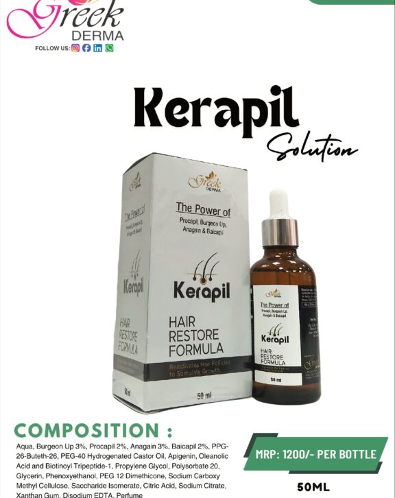 KERAPIL Solution is an advanced hair care formulation designed to support hair growth and improve scalp health. It contains a powerful blend of Procapil, Burgeon, Burgeon Up, Anagain, and Baicapil, known for promoting hair follicle strength and reducing hair fall. This multi-action formula helps nourish the scalp, stimulate hair growth, and improve hair density over time. The lightweight solution absorbs quickly and works effectively without leaving residue. With regular use as directed, KERAPIL Solution helps achieve stronger, thicker, and healthier-looking hair while supporting overall scalp vitality.