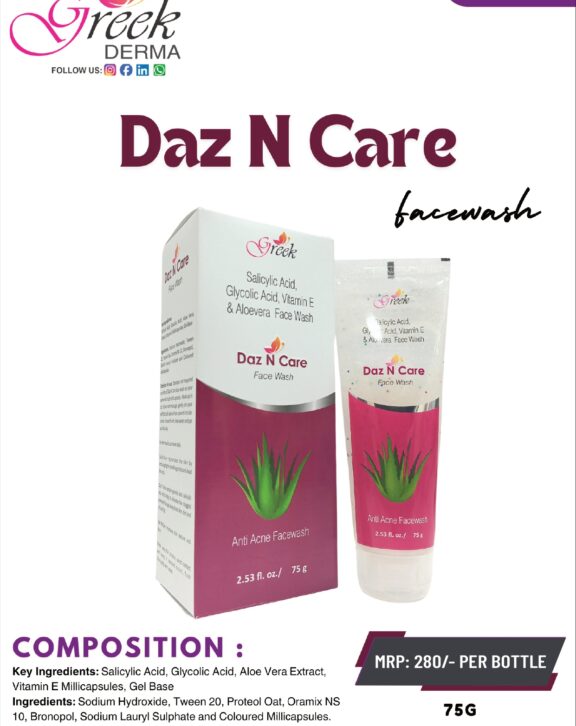 DAZ N CARE Foaming Face Wash is an anti-acne formulation designed to cleanse the skin and help manage acne-prone conditions. It contains Salicylic Acid 1% w/v, which helps exfoliate dead skin cells, unclog pores, and reduce excess oil buildup. The foaming action ensures deep cleansing while maintaining the skin’s natural moisture balance. It helps reduce acne, blackheads, and breakouts while soothing irritated skin. Suitable for regular use, this face wash supports clearer, smoother, and healthier-looking skin with improved texture and reduced oiliness.