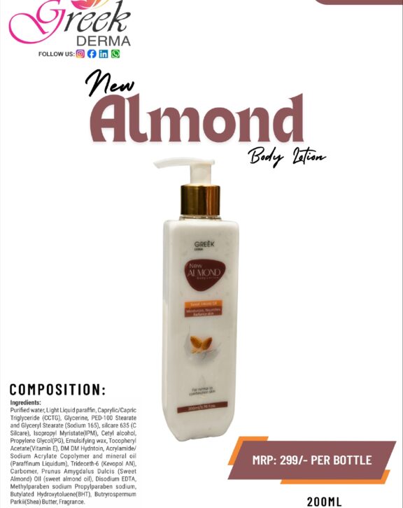 Almond Body Lotion is a nourishing skincare formulation enriched with Sweet Almond Oil and Almond Extract to deeply moisturize and soften the skin. It helps restore hydration, improve skin texture, and maintain natural moisture balance. The lightweight, non-greasy formula absorbs quickly, leaving the skin smooth, supple, and refreshed. Almond oil is known for its skin-conditioning properties, helping to reduce dryness and improve overall skin appearance. Suitable for daily use, Almond Body Lotion helps keep the skin healthy, hydrated, and naturally glowing.