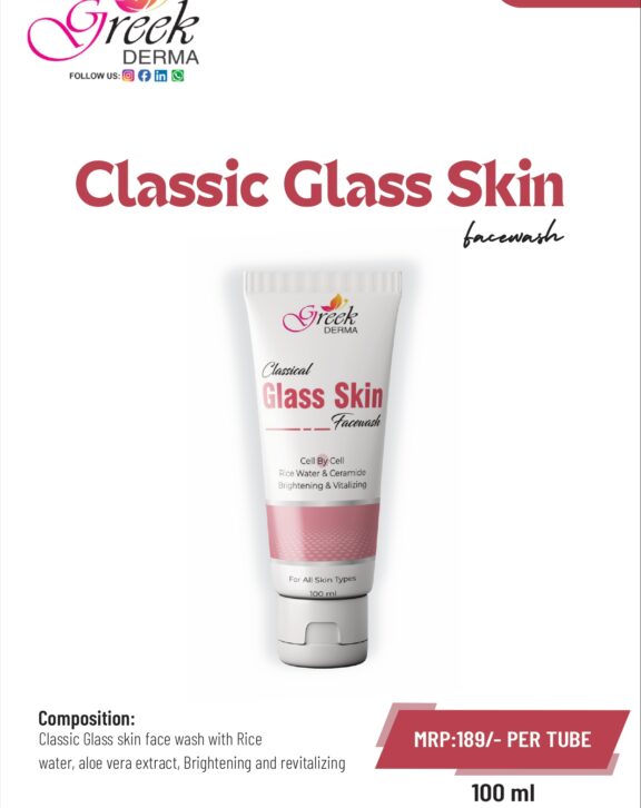Classic Glass Skin Face wash is a brightening and revitalizing skincare formulation designed to give a clear, smooth, and radiant appearance. Enriched with rice water and aloe vera extract, it helps gently cleanse impurities while nourishing and hydrating the skin. Rice water supports skin brightening and improves texture, while aloe vera soothes and refreshes the skin. The mild formula maintains the skin’s natural moisture balance without causing dryness. Suitable for daily use, it helps achieve soft, glowing, and healthy-looking “glass skin” with regular application.