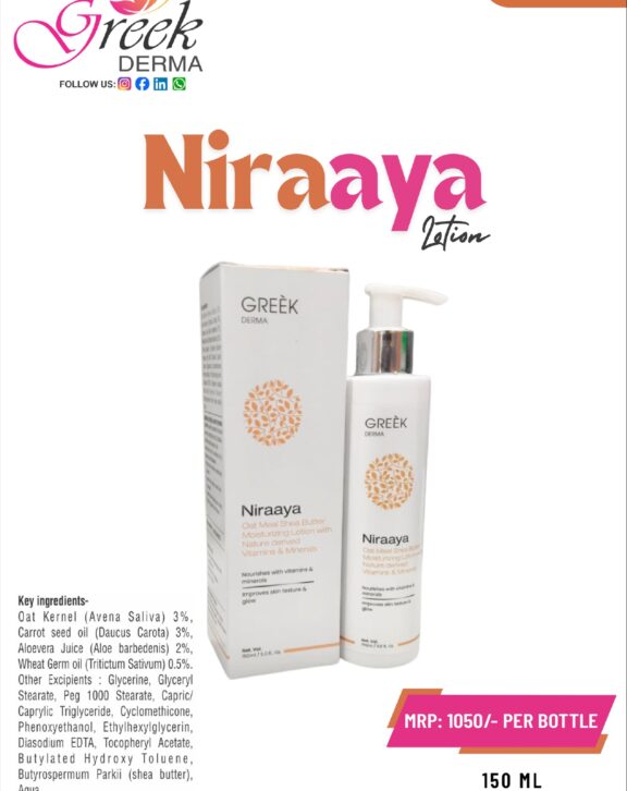 NIRAAYA Lotion is a nourishing skincare formulation designed to hydrate, soothe, and protect the skin. Enriched with Oat Kernel extract, Carrot Seed Oil, Aloe Vera juice, and Wheat Germ Oil, it helps calm dryness, improve skin texture, and support natural skin repair. The formula provides deep hydration while maintaining the skin’s moisture balance. With added Vitamin E and Shea Butter, it helps enhance skin softness and protect against environmental damage. The lightweight, non-greasy texture absorbs easily, making it suitable for daily use. With regular application, NIRAAYA Lotion helps keep the skin smooth, healthy, and well-nourished.