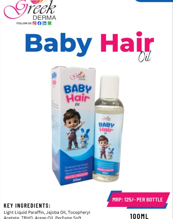 Baby Hair Oil is a gentle and nourishing formulation specially designed for delicate baby hair and scalp care. Enriched with Olive Oil and Almond Oil, it helps moisturize the scalp, strengthen hair roots, and promote healthy hair growth. The mild formula is safe and suitable for regular use, helping to keep the scalp soft and hydrated. It also supports improved hair texture and adds natural shine. With regular massage, Baby Hair Oil helps maintain healthy, soft, and manageable hair while ensuring proper scalp nourishment and care.