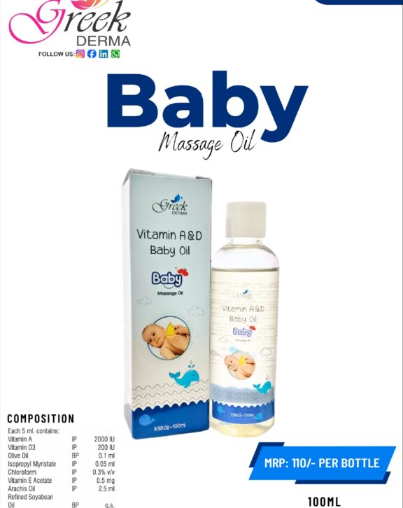 Baby Massage Oil is a gentle and nourishing formulation designed to care for delicate baby skin. Enriched with Til Oil (Sesame Oil) and Almond Oil, it helps moisturize, protect, and strengthen the baby’s skin. Regular massage supports healthy skin development, improves blood circulation, and promotes relaxation. The mild and non-irritating formula keeps the skin soft, smooth, and well-hydrated without causing dryness. Suitable for daily use, Baby Massage Oil helps maintain healthy, nourished skin while providing a soothing and comforting massage experience for babies.