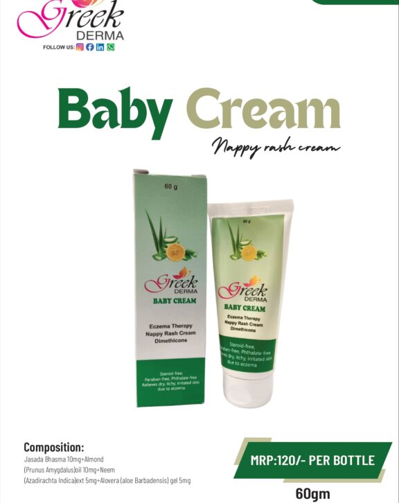 Baby Nappy Rash Cream is a gentle protective formulation designed to soothe and prevent diaper rash in babies. Enriched with Jasada Bhasma (Zinc), Almond Oil, Neem extract, and Aloe Vera gel, it helps calm irritation, reduce redness, and protect delicate skin. The cream forms a protective barrier against moisture and friction, preventing further irritation. Neem provides natural antibacterial support, while Aloe Vera soothes and hydrates the skin. Suitable for daily use, Baby Nappy Rash Cream helps keep the baby’s skin soft, healthy, and rash-free.
