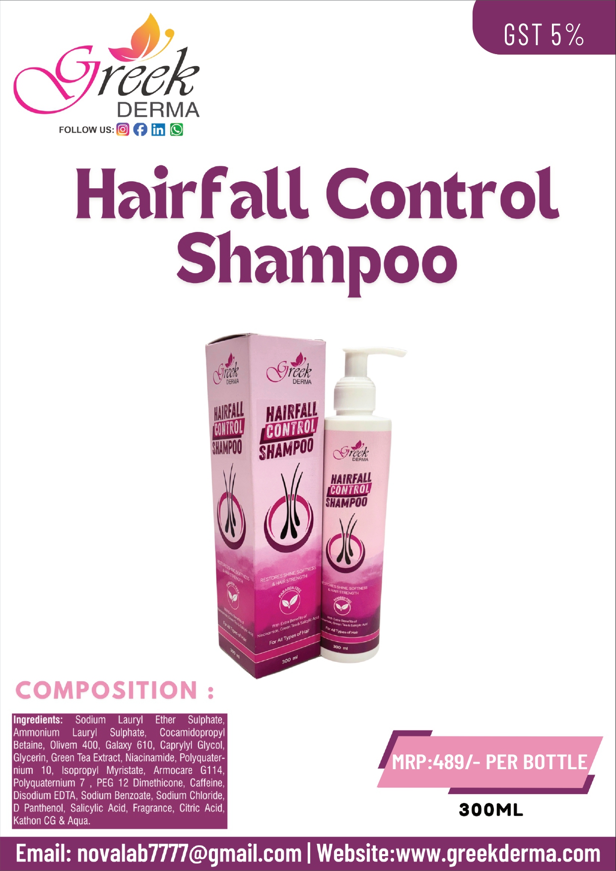 Ingredients: Sodium Lauryl Ether Sulphate, Ammonium Lauryl Sulphate, Cocamidopropyl Betaine, Olivem 400, Galaxy 610, Caprylyl Glycol, Glycerin, Green Tea Extract, Niacinamide, Polyquater-nium 10, Isopropyl Myristate, Armocare G114, Polyquaternium 7, PEG 12 Dimethicone, Caffeine, Disodium EDTA, Sodium Benzoate, Sodium Chloride, D Panthenol, Salicylic Acid, Fragrance, Citric Acid, Kathon CG & Aqua