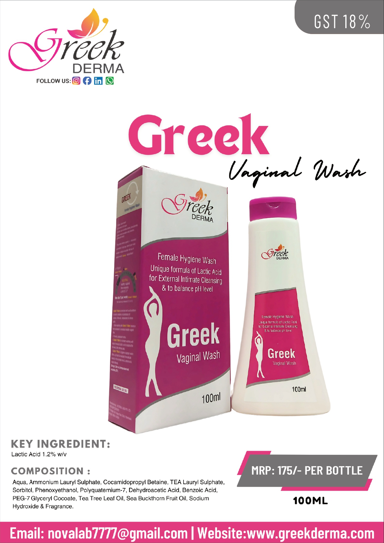 Female Hygiene Wash Unique formula of Lactic Acid for External Intimate Cleansing & to balance pH level