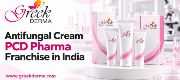 Greek Derma antifungal cream PCD pharma franchise banner with branded cream tubes and cartons.