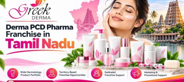 Greek Derma skincare and dermatology products displayed with Tamil Nadu map and regional architecture for a Derma PCD franchise opportunity